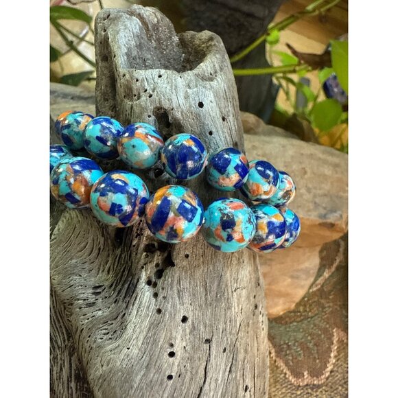 Lapis, Turquoise & Spiny Oyster Mosaic Beaded Bracelets Adjustable Size - Picture 2 of 5